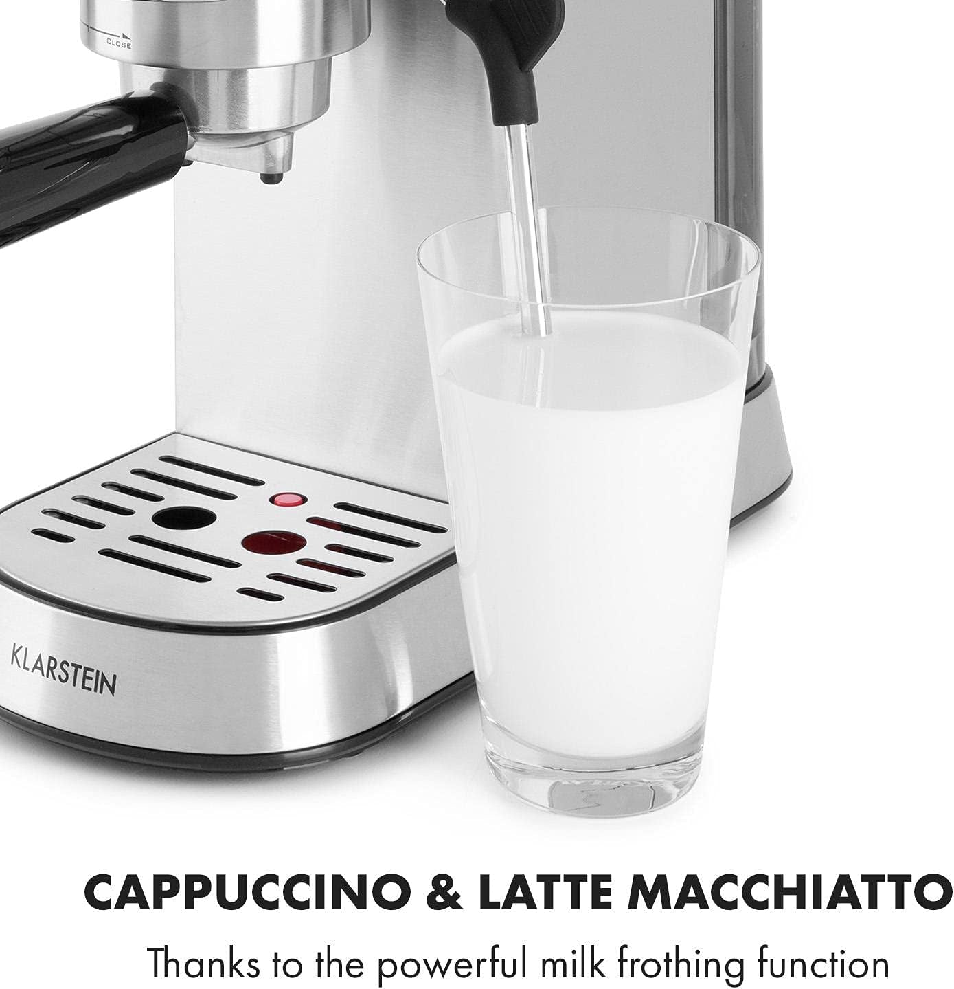 Klarstein Futura Espressor, Espressor cu Filtru Portabilă, 1450 W, 20 bar, Calitate Barista, Duză Dublă, Stop debit, Espressor cu Filtru Portabilă, Funcție de Spumare a Laptelui, Argintiu