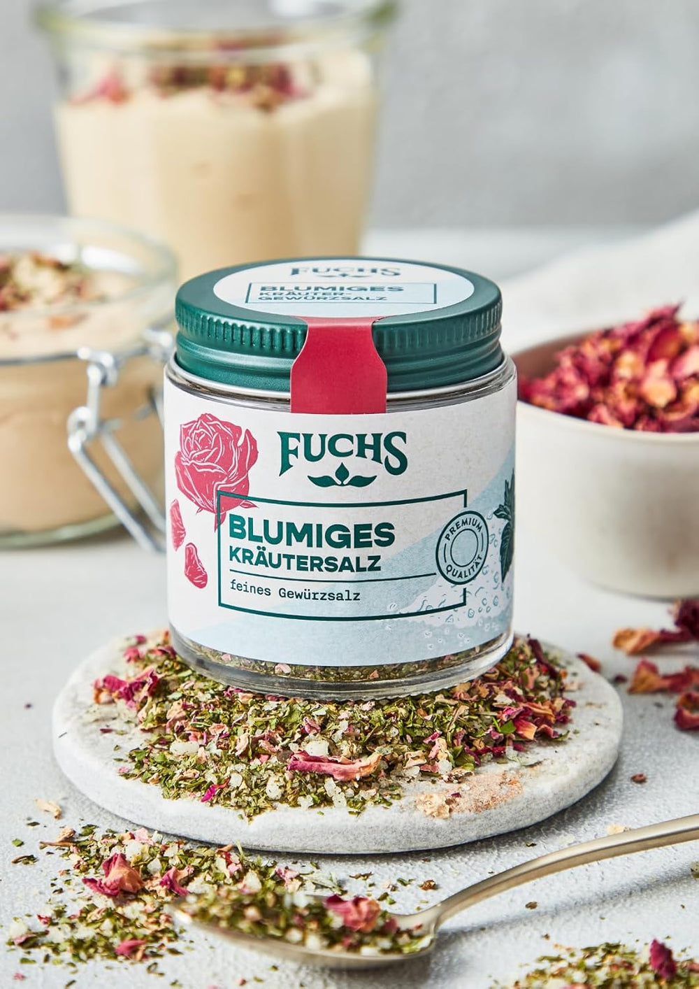 Fuchs Gewürze - Blumiges Kräutersalz | Gewürzsalz mit Rosenblütenblättern, Minze & Salz | Verfeinert Gemüse und Pasta-Gerichte | 45 g im wiederverschließbaren Gewürzglas