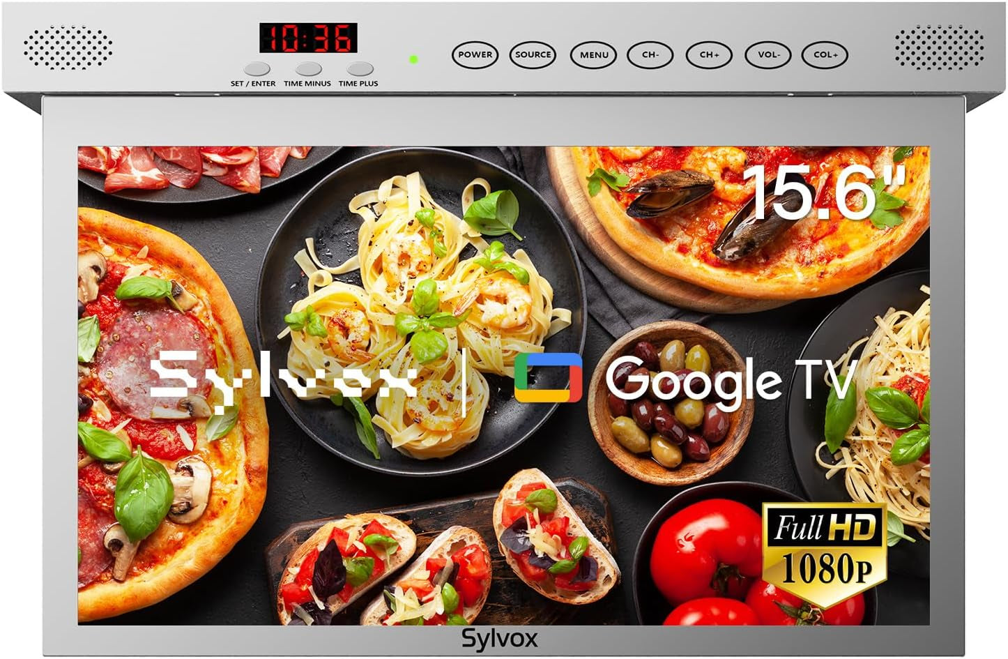 SYLVOX Televizor de bucătărie de 15,6 inci, televizor pliabil pentru bucătărie cu pivotare, suport Google TV WiFi Bluetooth, Smart TV 1080P pentru bucătărie, dormitor, autorulotă, iaht (argintiu)