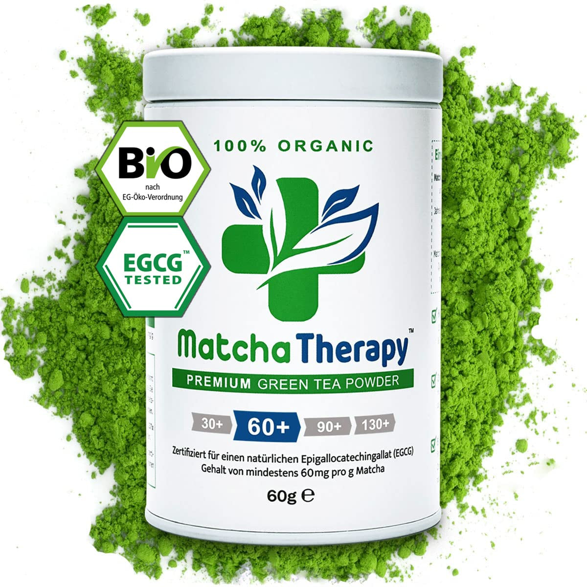 Matchatherapy 30+ | Ceai Matcha organic pudră | 60 g | Cu un conținut verificat de cel puțin 30 mg/g de catechină EGCG | Susține sistemul imunitar și nivelul de energie | Calitate ceremonială | Ceai verde din Japonia