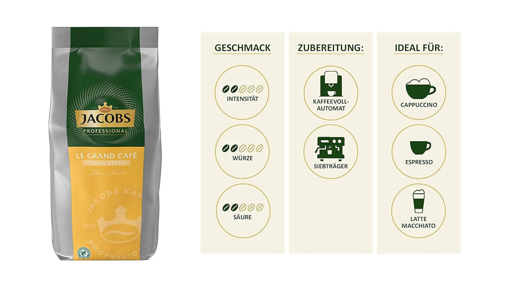 Jacobs Professional Le Grand Café krém, egész szemes kávé 1 kg, enyhe, intenzitás 2/5 Coffee Naty Shop