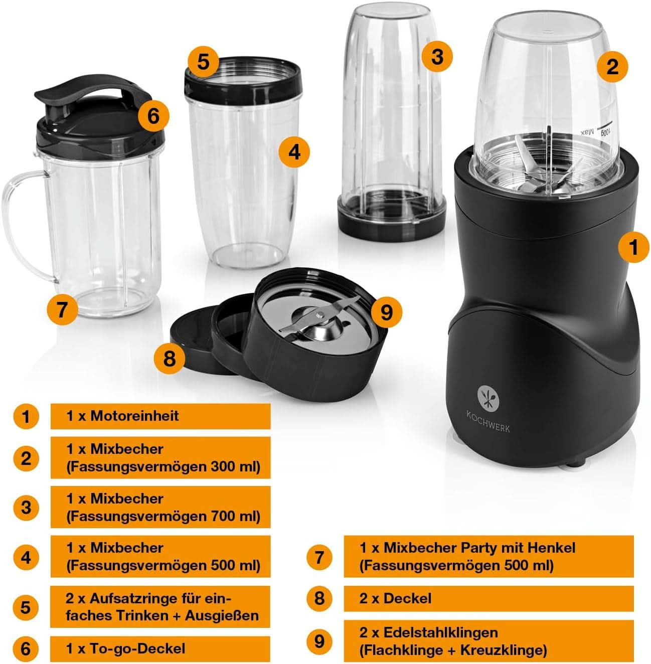 Smoothie Maker 12-Tlg | To-Go Deckel & 4 Mixbehälter | Für Obst, Gemüse & Nüsse | Mítosz Ice-Crush Funkció | Mini-állványkeverő Zum Mixen, Rühren, Zerkleinern, Mahlen, Hacken és Pürieren | BPA-mentes Kitchen Naty Shop