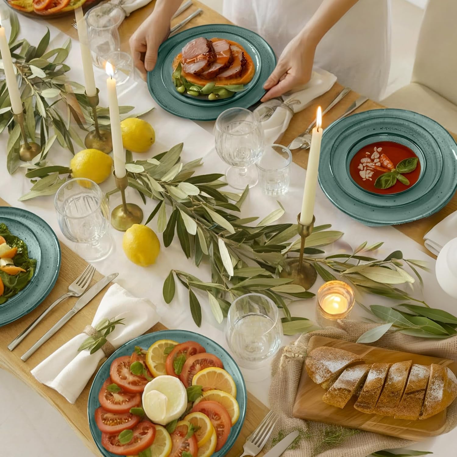 Set de veselă din gresie Twinzee, 24 de piese pentru 6 persoane - Set bol și farfurie - Veselă din gresie pentru cuptorul cu microunde - Colecția Riviera