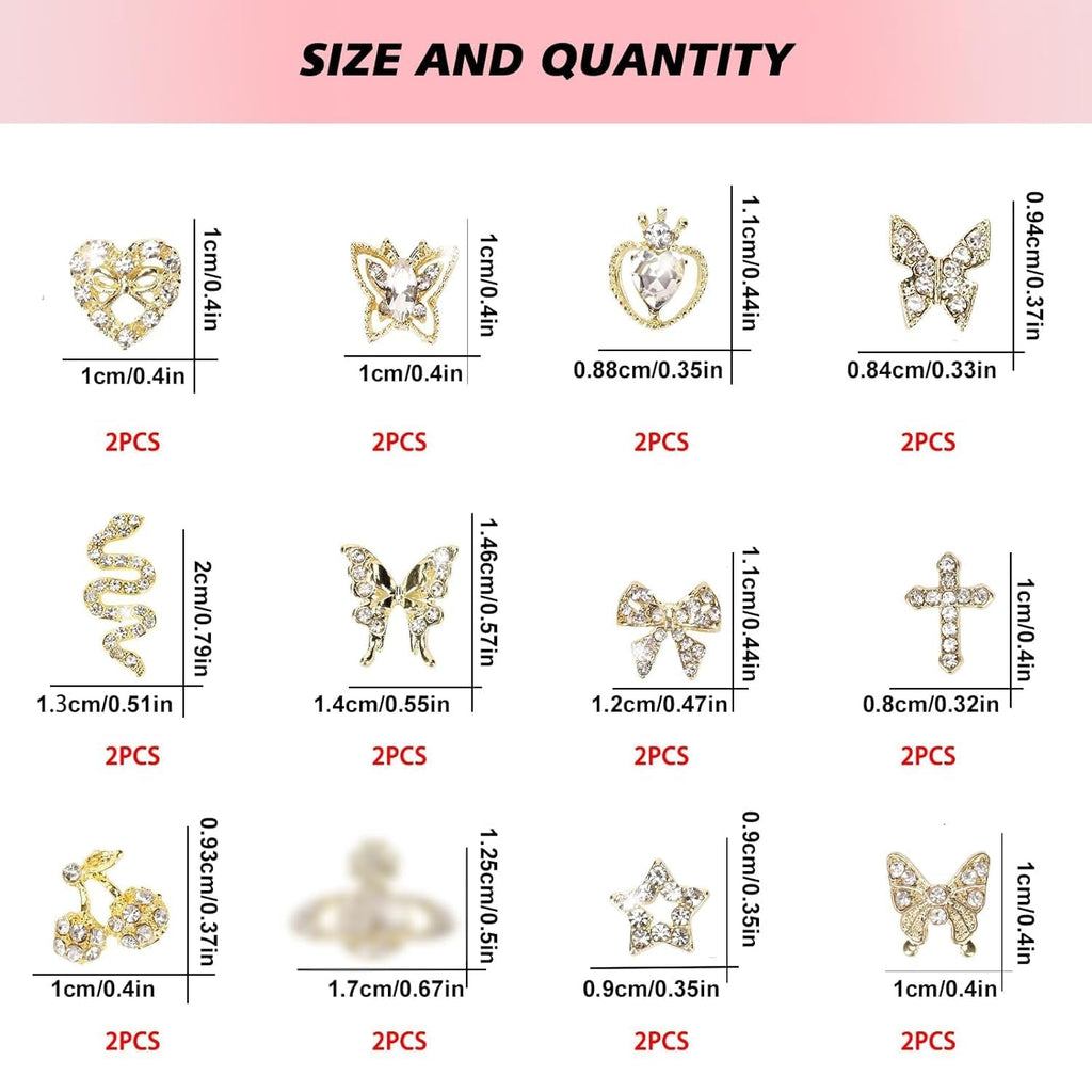 24 Stück Nagel-Charms, Y2K-Legierung, Nail Art, Strass-Charms, 3D-Herz, Schleife, Schmetterling, Charm Mit Strasssteinen, Kirsch-Nagel-Edelsteinen, Glänzender Schmuck