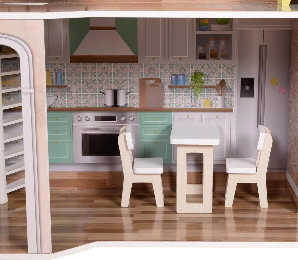 Olivia's Little World, casă de păpuși interactivă din lemn pentru copii, stil mediteranean contemporan, cu 3 etaje, cu 17 accesorii pentru mobilier de păpuși, multicoloră, TD-13551B