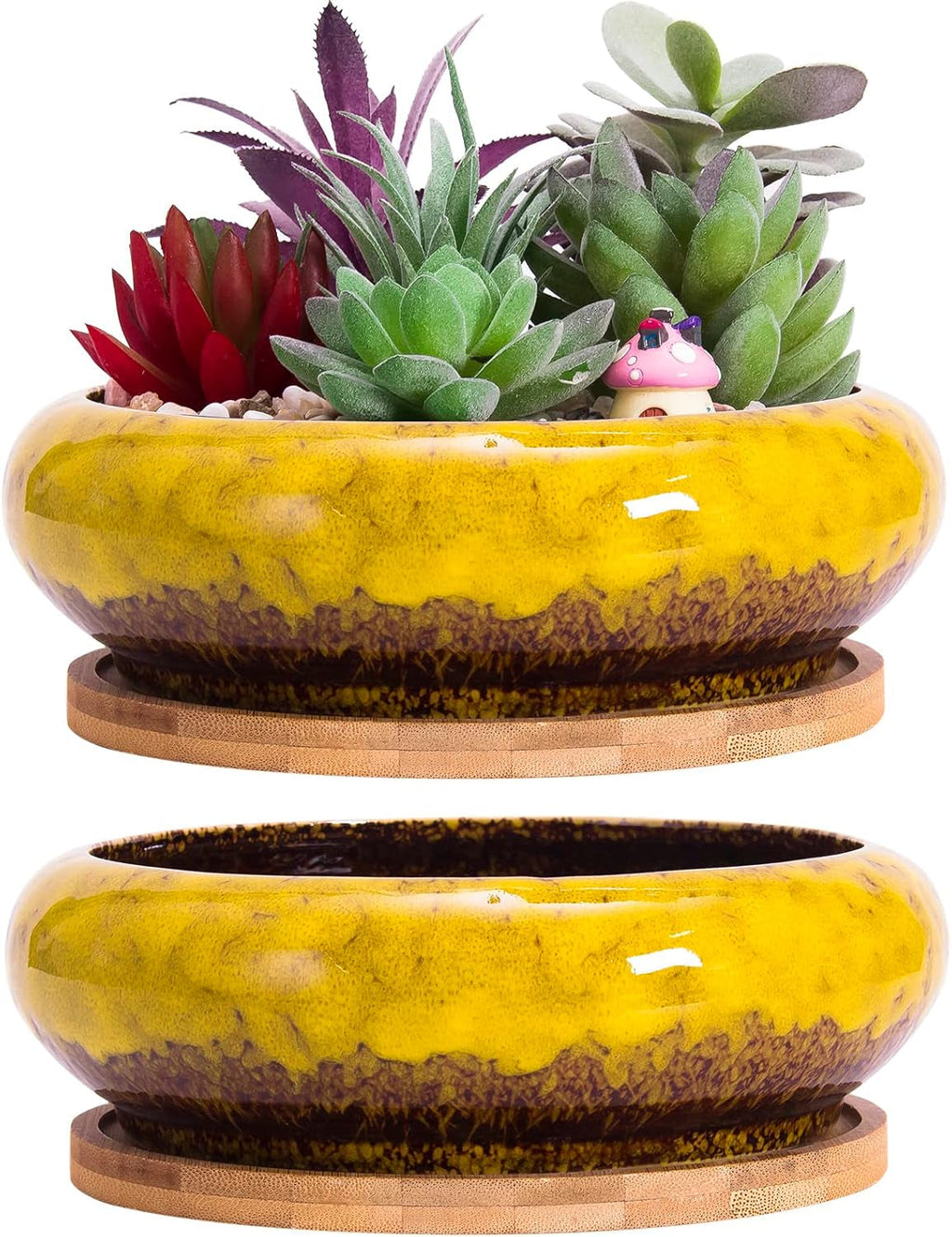 Ghivece mari pentru plante suculente cu farfurioare din bambus, jardiniere ceramice pentru cactus de 18,5 cm, ghivece rotunde pentru flori, recipiente pentru bonsai pentru grădină, birou, decorare birou