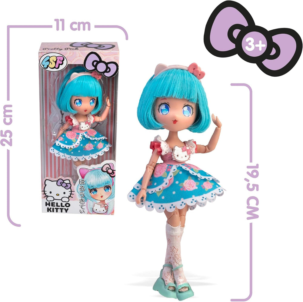 Manga Doll Pretty Pink, japanische Modepuppe mit modischen Designs, Manga, 19,5 cm Figur mit 15 Gelenkpunkten, blaues Haar, inklusive Zubehör, berühmt (HKTF0300)