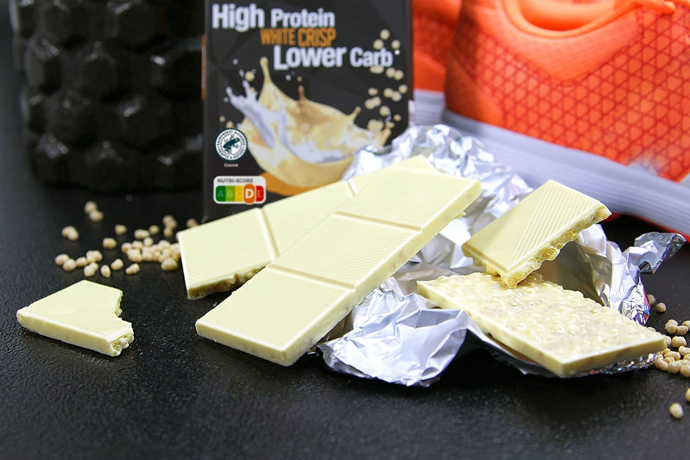 frankonia CHOCOLAT POWER MOTION hozzáadott cukor nélkül - Ropogós fehér csokoládé magas fehérje- és alacsony szénhidráttartalommal, 90 g