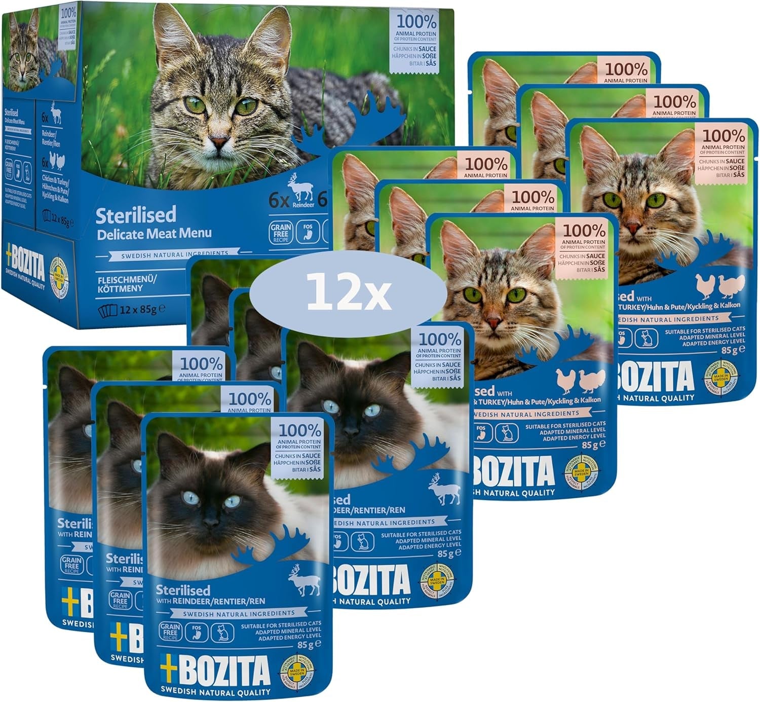 Bozita Hrană Umedă Sterilizată Multibox - Bucăți în Sos cu Carne - 12 Pliculețe Porționate x 85g Pachet Mix Fără Cereale și Fără Grâu - Hrană pentru Pisici cu 8,5% Proteine și 3,5% Grăsimi