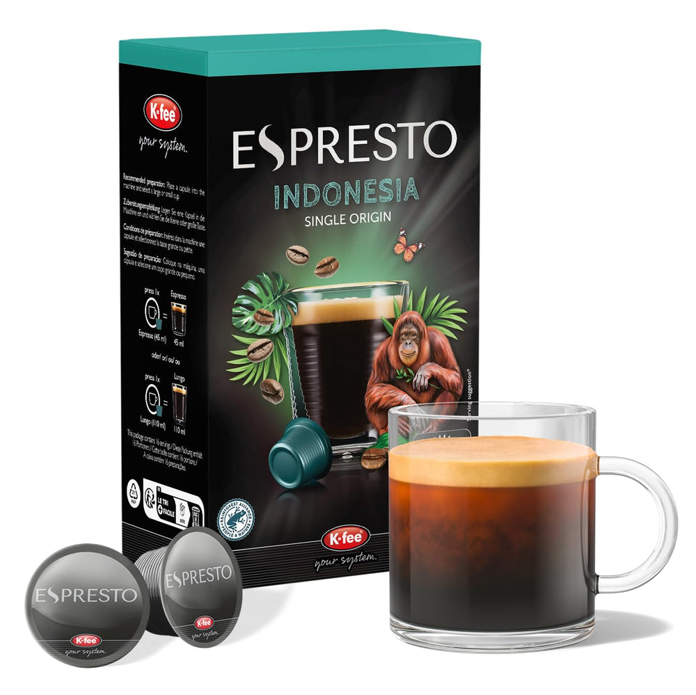 ESPRESTO Single Origin Indonesia Lungo, kompatibel mit K-fee & ALDI EXPRESSI*, Kaffeekapseln, würzig & schokoladig, RFA zertifiziert, 96 Kapseln