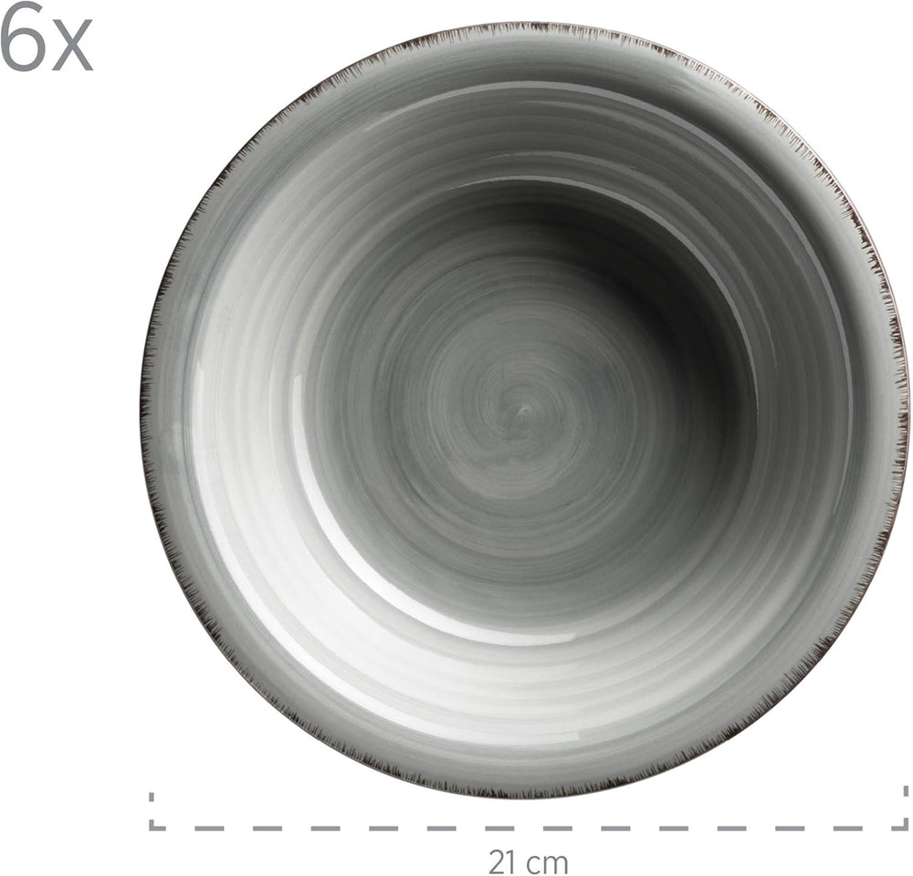 Set de veselă MÄSER pentru 6 persoane, aspect vintage modern, serviciu de masă cu 12 piese, pictat manual, albastru, gresie, albastru fumuriu (Bel Tempo II)