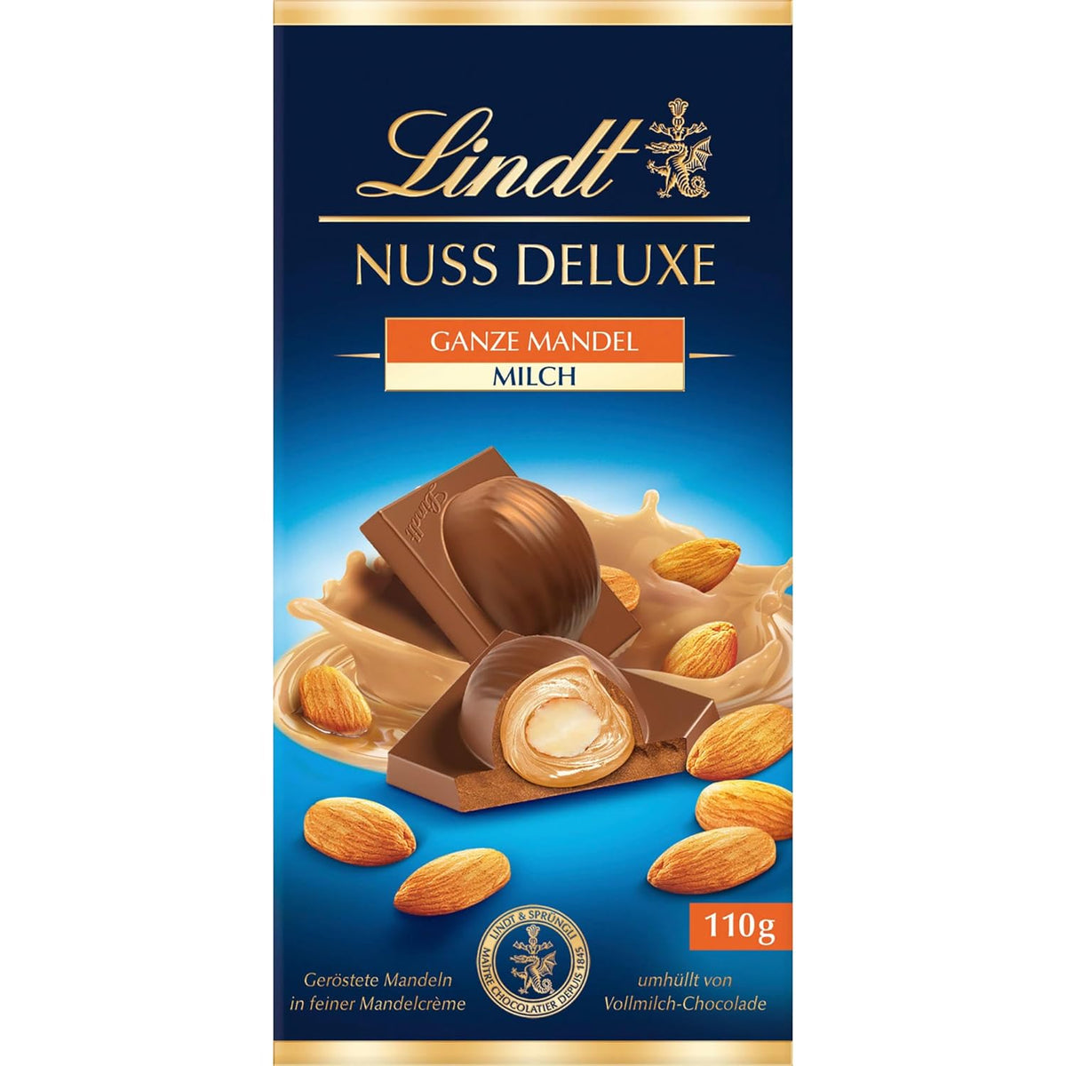 Lindt csokoládé | NUT DELUXE Csokoládé tejjel és mandulával | 110g | Tejcsokoládé pirított mandulával sima mandulakrémben | Csokoládé tábla