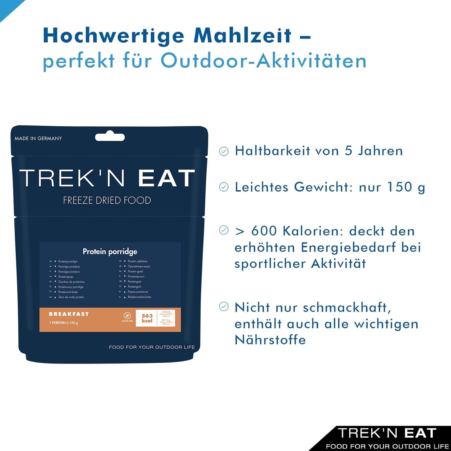 Trek'n Eat Protein Porridge – Magas fehérjetartalmú reggeli a szabadban | Fagyasztva szárított asztal kempingezéshez, túrázáshoz és expedíciókhoz | Töltő, gyorsan elkészíthető, utazáshoz ideális