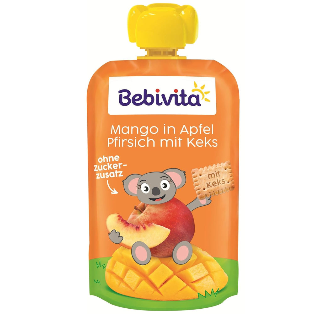 Mangó alma és őszibarack szószban egy zacskó keksszel (6 x 120 g), hozzáadott cukor nélkül, enyhe gyümölcsökből és értékes gabonafélékből készül, ideális csomagolt harapnivalókhoz és útközben.