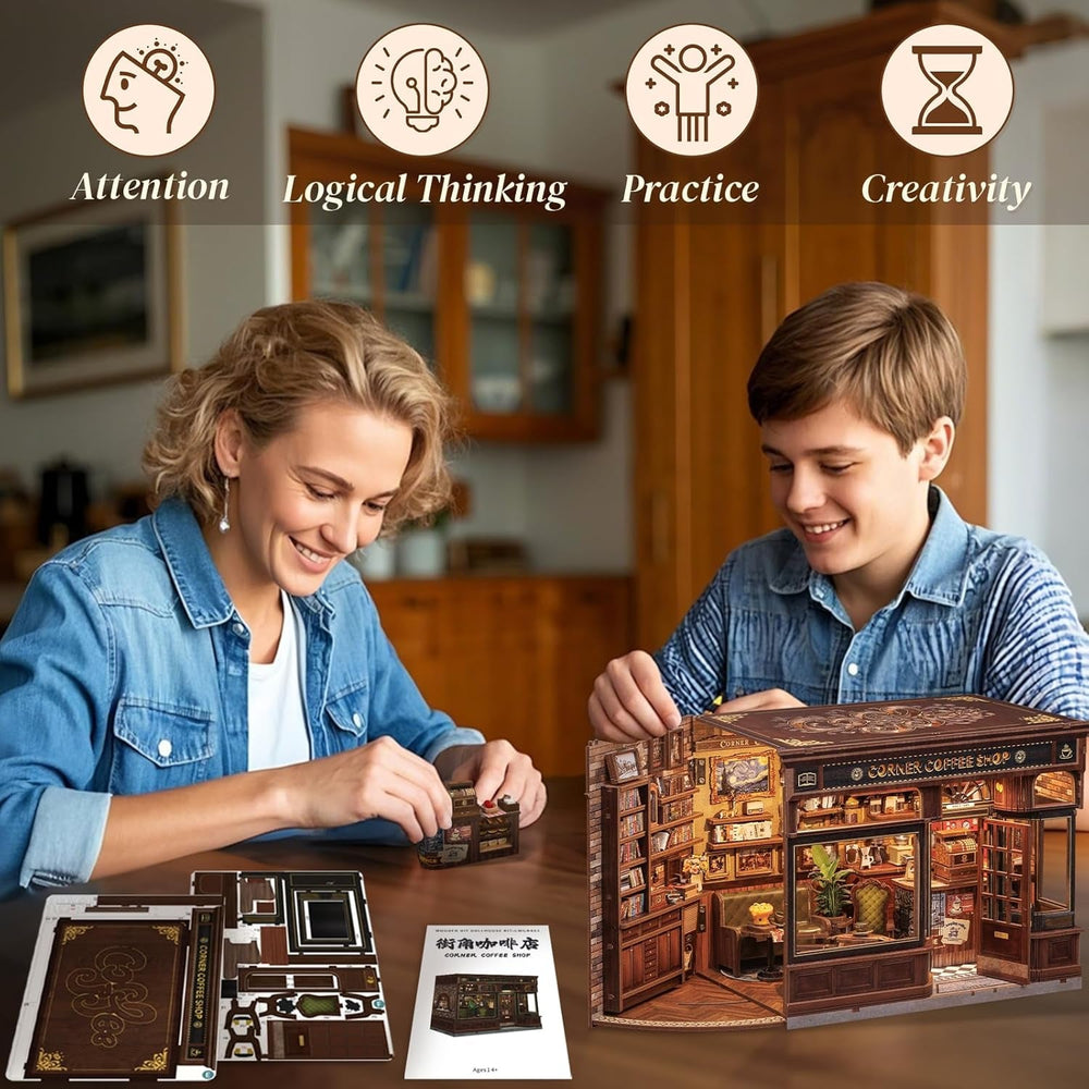 Kit Colț de Cărți CUTEBEE – Căsuțe de Păpuși DIY, Kit de Construit Căsuțe Miniatură pentru Adulți cu Lumină LED, Puzzle 3D din Lemn și Suport de Cărți – Decorațiune Raft de Cărți și Cadou (Cafeneaua din Colț)