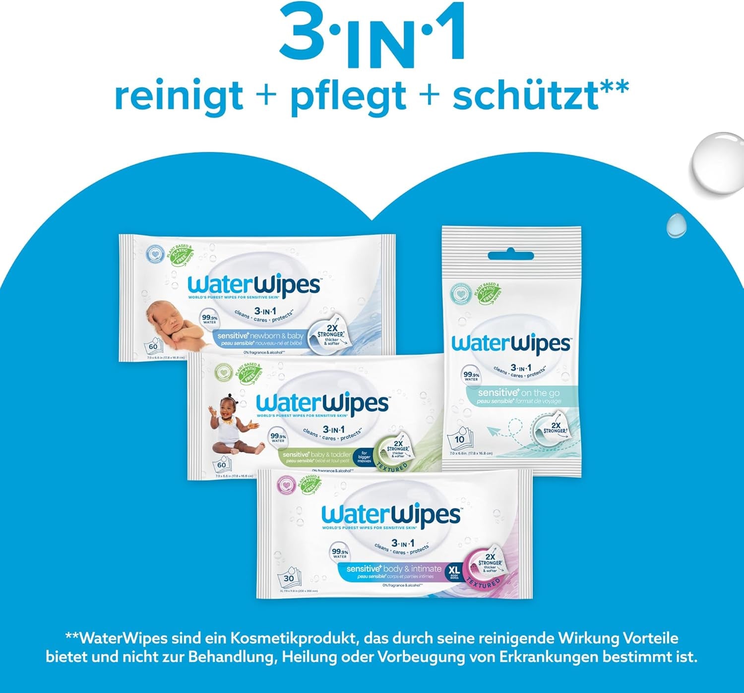 WaterWipes Sensitive+ Nedves törlőkendő újszülötteknek és csecsemőknek, 360 db (6 csomag), 3 az 1-ben Tisztítás, ápolás, védelem, 99,9% víz, illatmentes