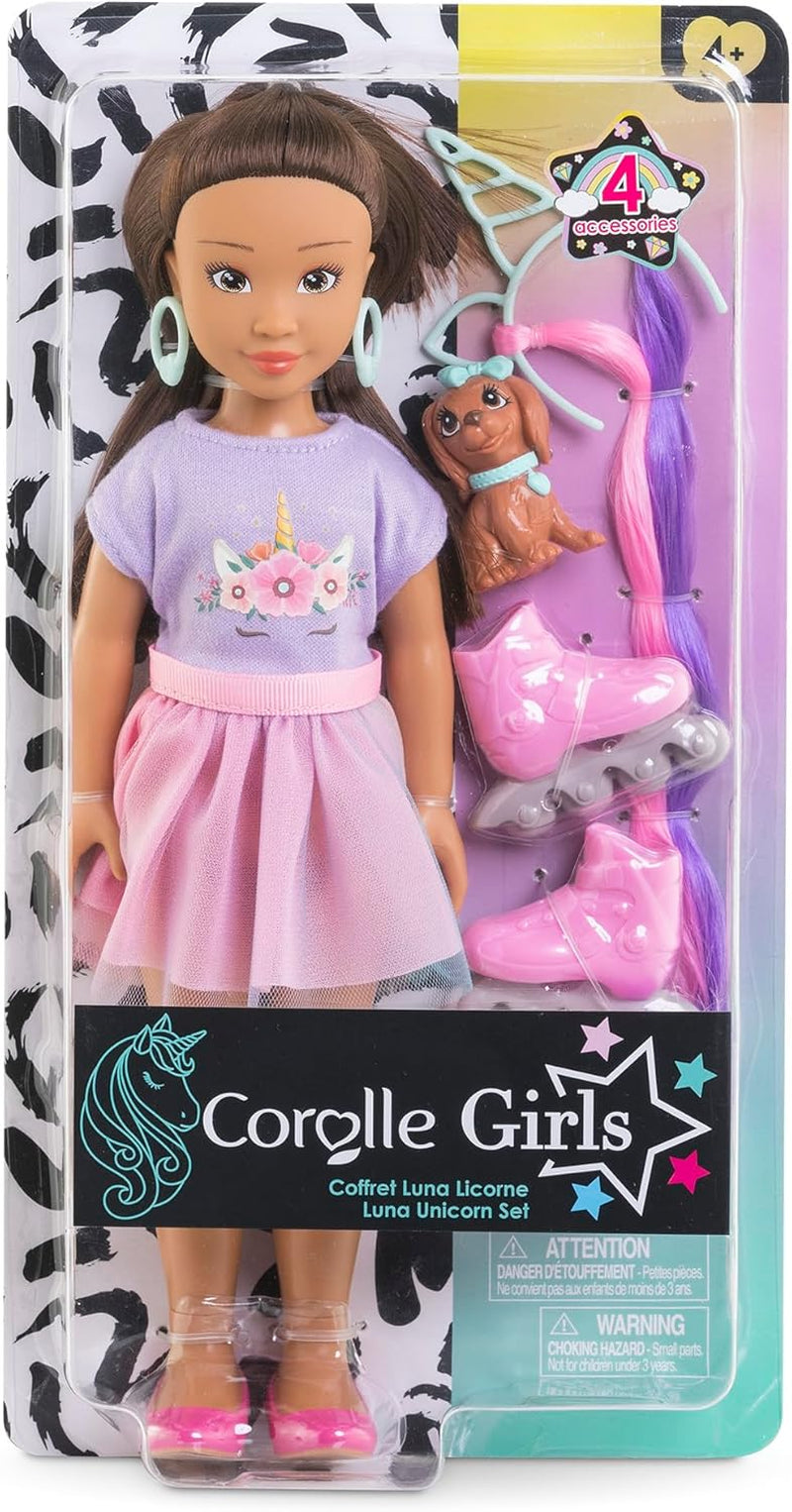 Corolle Girls Luna Einhorn Set, Ankleidepuppe mit Hund, Unicorn-Haarreif, Ohrringe und extra Inlineskates, Vanilleduft, 28cm, ab 4 Jahren