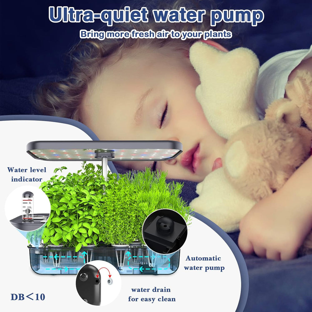 12 edényes hidroponikus termesztőrendszer, beltéri gyógynövénykerti készlet LED-lámpával, intelligens otthoni kert, konyha, csíráztatókészlet automatikus időzítővel (szürke)