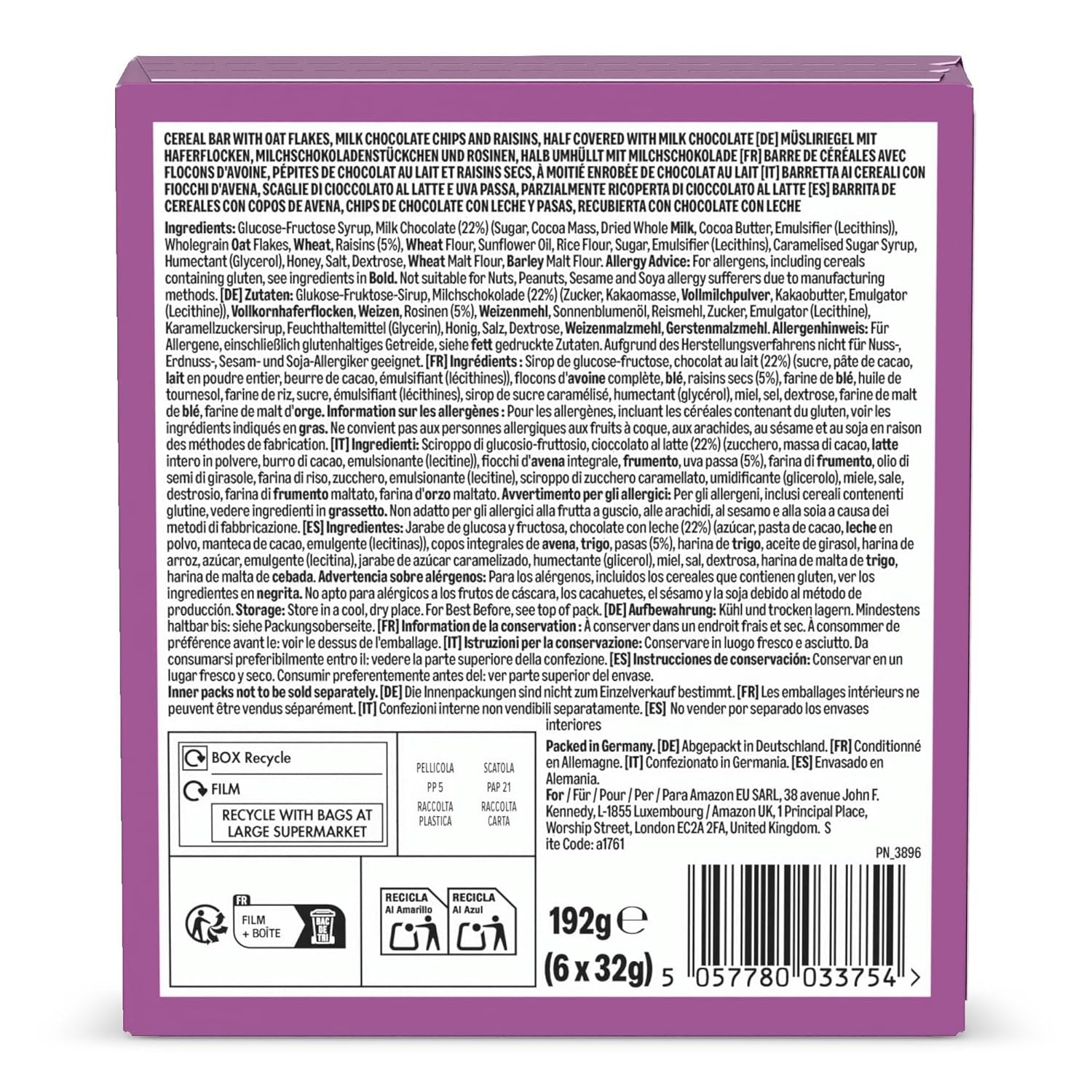 Müzliszelet csokoládéval és mazsolával az Amazonból, 192g