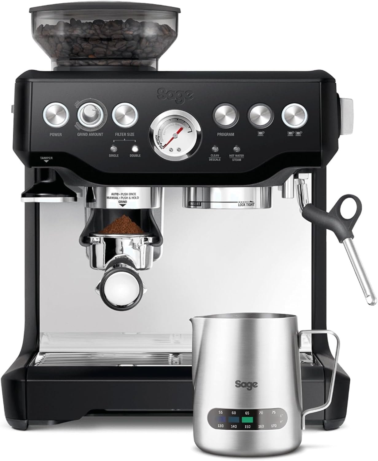 Sage - The Barista Express - Espressor cu spumator manual de lapte și râșniță integrată - 16 setări de măcinare, măcinare automată, spumă individuală de lapte - Trufă Neagră