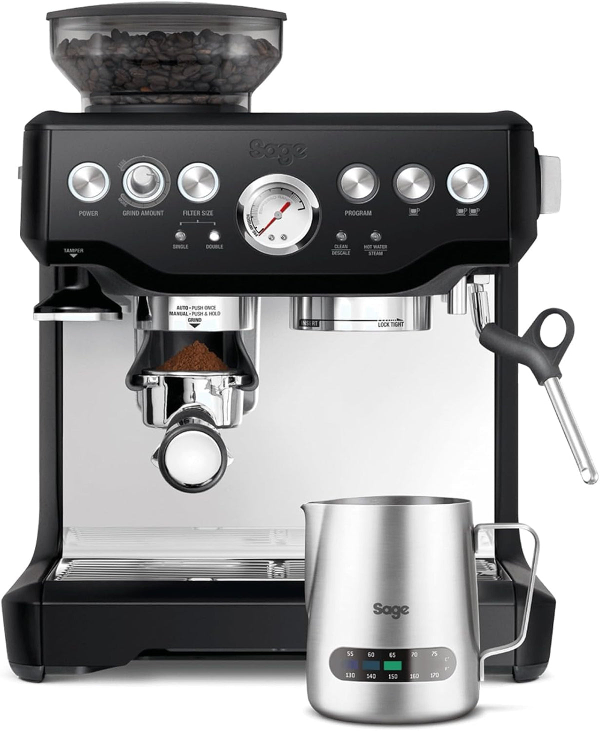 Sage - The Barista Express - Espressor cu spumator manual de lapte și râșniță integrată - 16 setări de măcinare, măcinare automată, spumă individuală de lapte - Trufă Neagră