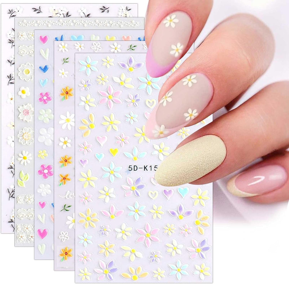 JMEOWIO 3D Nagelsticker Frühling Blumen 5 Blatt Nagelaufkleber 5D Stereoskopisch Selbstklebend Bunte Blüte Nail Art Sticker Dekoration Nageldesign Zubehör