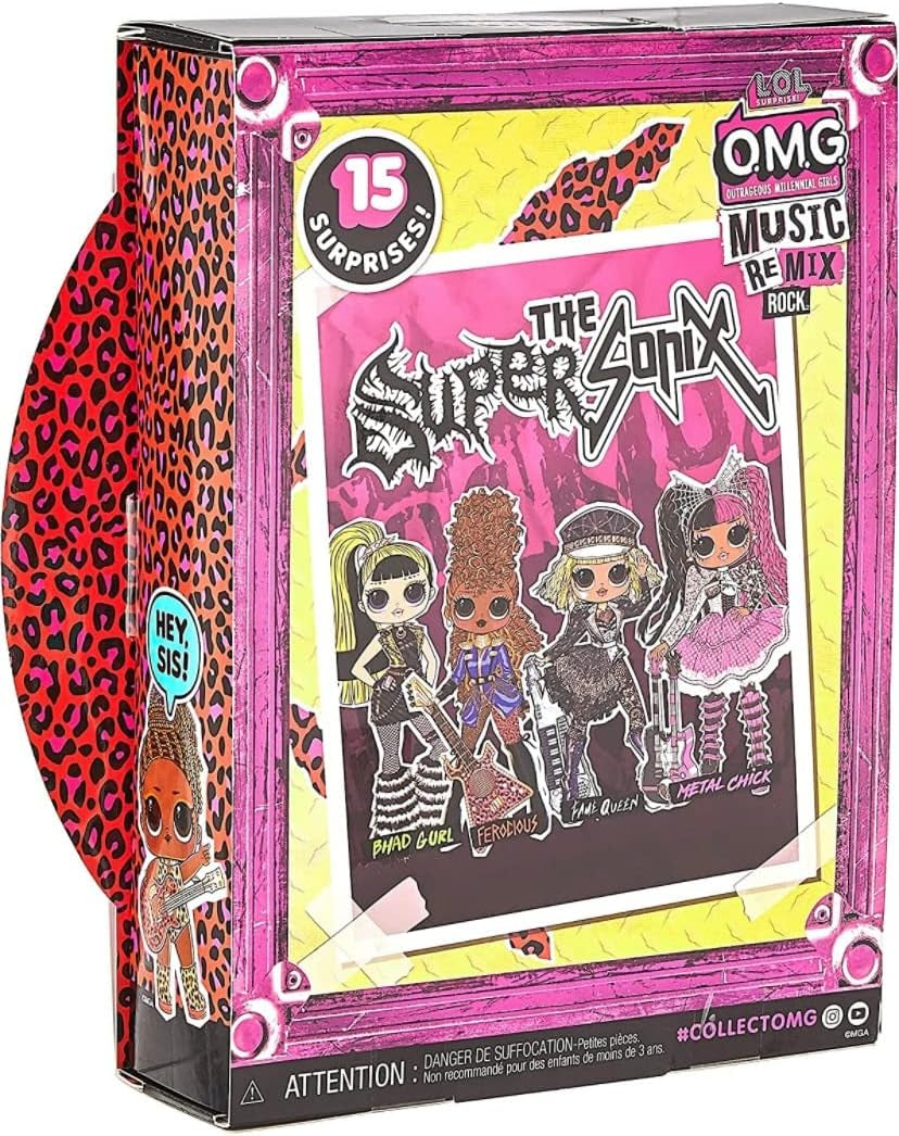 L.O.L. Meglepetés! OMG Remix Rock FEROCIOUS Modepuppe mit 15 Überraschungen -mit Bassgitarre, Outfit, Schuhen, Bürste, Puppenständer, Songtext-Magazin & Plattenspieler-Paket - Für Mädchen ab 4+ Jahren
