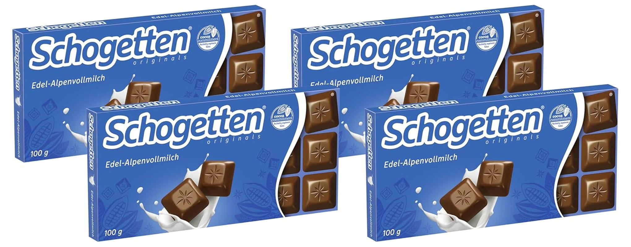 Schogetten Premium Alpine tejcsokoládé tábla, 100g, egyenként adagolva. Öröm. Darabról darabra.