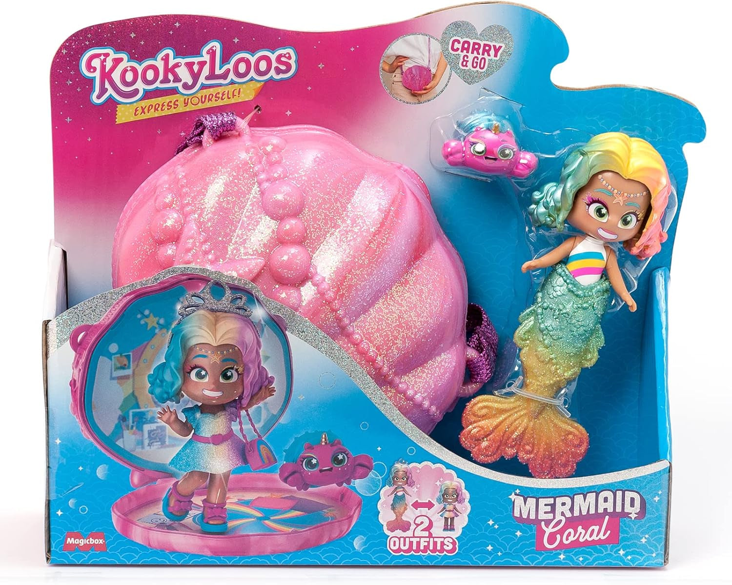 Mermaids Coral Meerjungfrauen-Puppe mit 1 Muscheltasche, 1 Meerjungfrauenschwanz, 1 Haustier, Kleidung, Accessoires und Schuhe