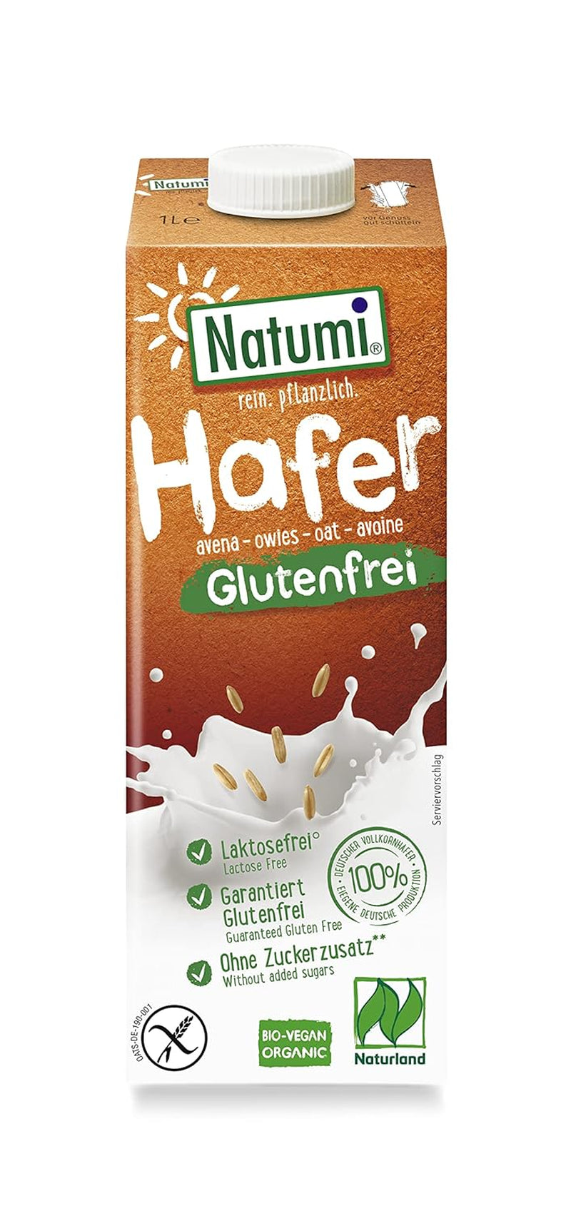 Natumi Bio Haferdrink Glutenfrei, 8 x 1L - Naturland zertifiziert, Laktosefrei, Glutenfrei, Ohne Zuckerzusatz, Bio, Vegán, Hergestellt mit deutschem Hafer, Milchfreie milchfreie Alternative
