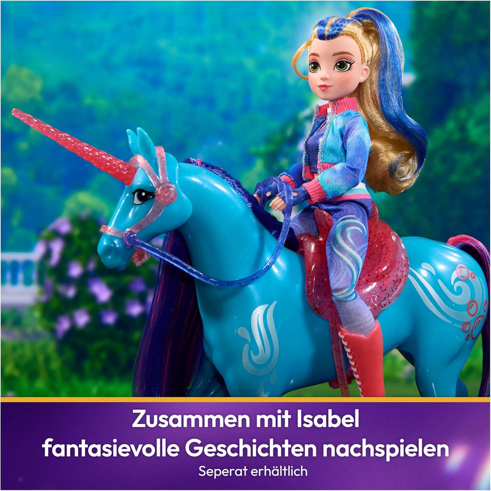 Unicorn Academy Einhorn River - 28 cm groß, Original-Einhorn von Isabel zur Netflix-Serie, mit echter Mähne und Schweif, abnehmbarem Zaumzeug und Sattel sowie Bürste, für Kinder ab 4 Jahren