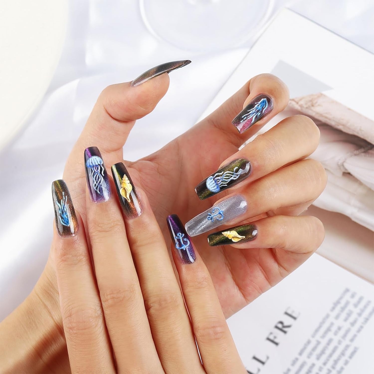 buc autocolante pentru unghii 5D în relief, model oceanic, farmece pentru unghii, autocolante pentru unghii de vară oceanică, scoici, animale marine, autocolante drăguțe pentru design de unghii, accesorii pentru design de unghii