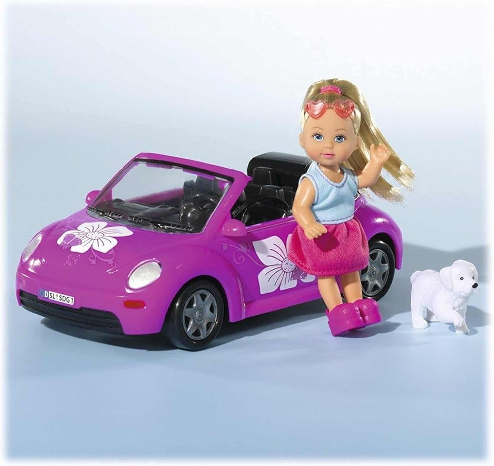 Simba 105731539 - Evi Love Beetle-ul lui Evi, Evi cu mașină, mașină: 22 cm, cu câine, păpușă de modă, 12 cm, pentru copii cu vârsta de la 3 ani în sus