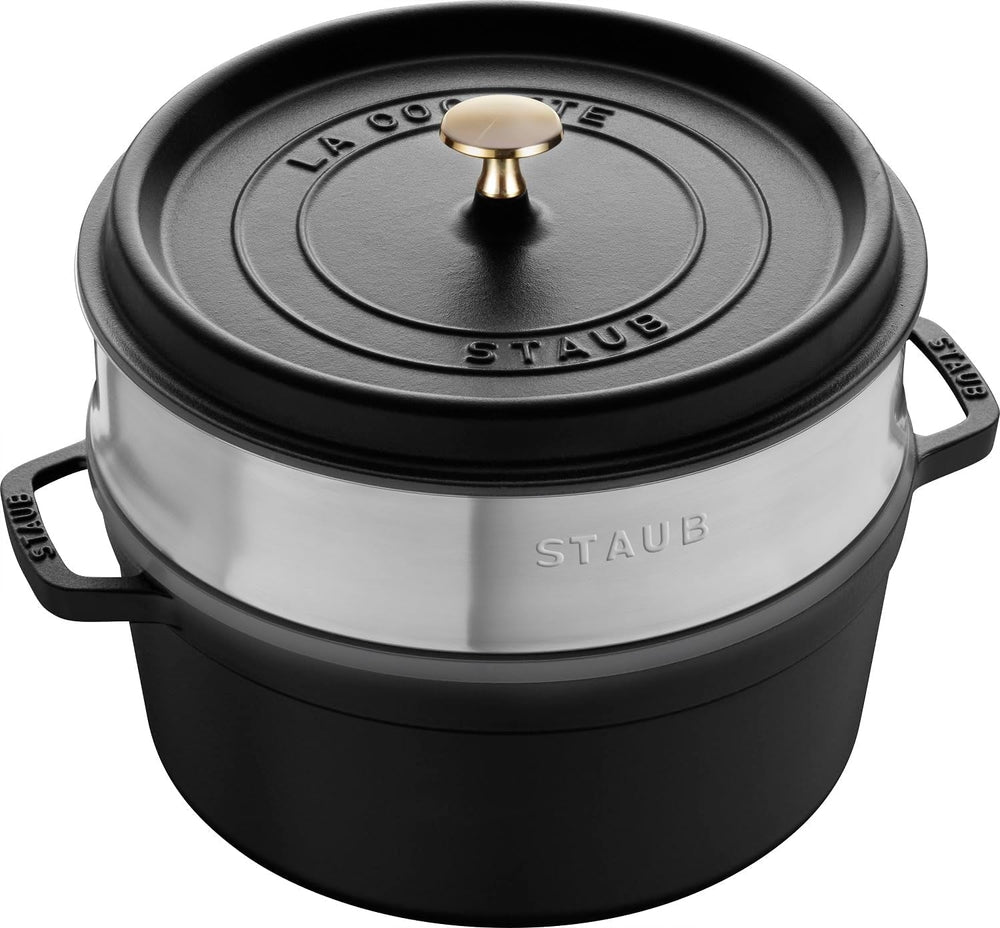 STAUB Gusseisen Bräter/Cocotte, Mit Dämpfeinsatz Aus Edelstahl, Rund 26 cm, 5,2 L, Aromaregen Funktion Für Optimale Befeuchtung, Für Alle Herdarten Inkl. Induktion & Backofen, Kirschrot, Rot Formák és tepsi Naty Shop Schwarz