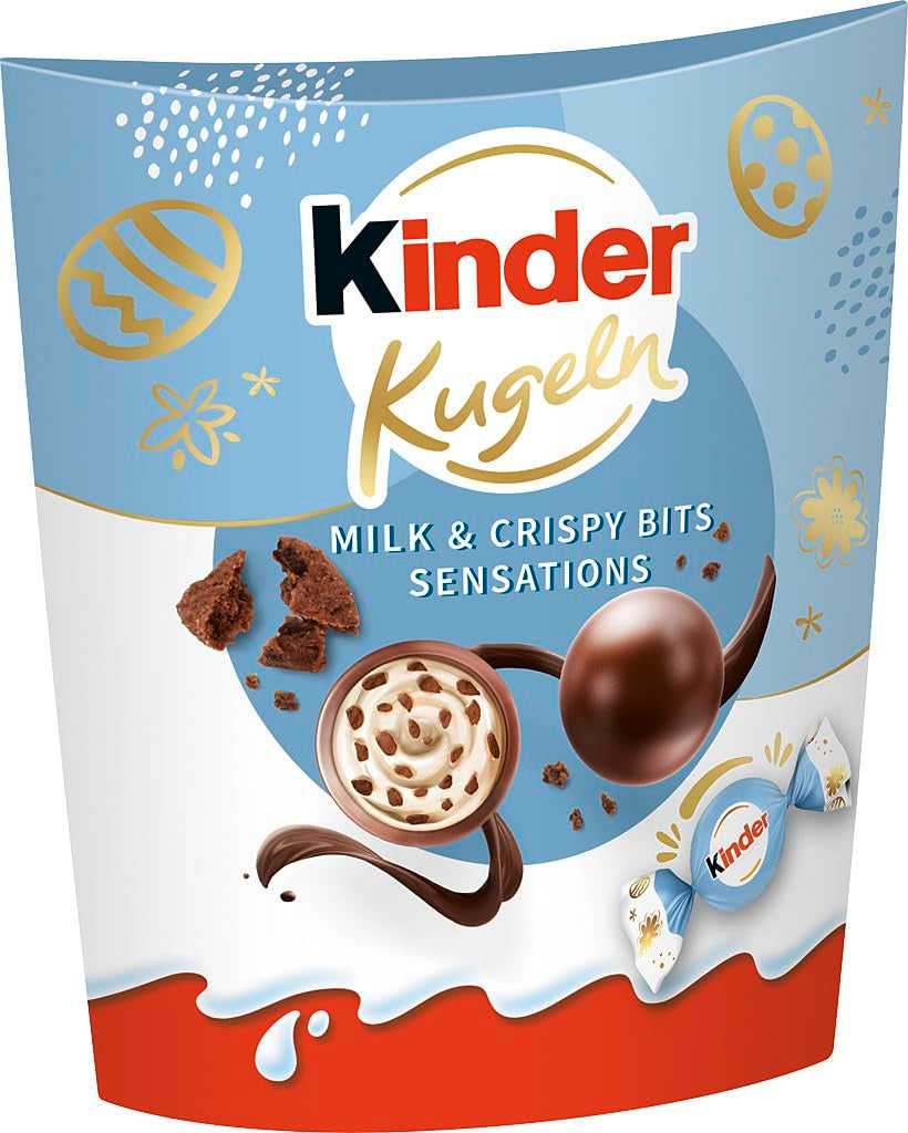 Kinder Balls Milk & Crispy Bits Sensations 90g – Tejcsokoládé golyók tejjel töltelékkel és kakaó chipsekkel – Húsvéti csokoládé, húsvéti édességek – Húsvéti ajándék és szuvenír