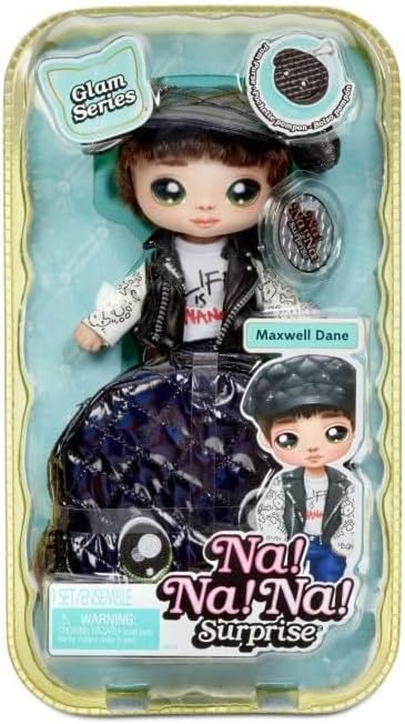 Na Na Na Surprise 2-in-1 Soft Modepuppe & Metallic Purse Glam Serie - Sammlerpuppe - Boy-Puppe mit Braunen Haaren és Mütze mit Hunde-Ohren und einer Welpen Tasche - Maxwell Dane