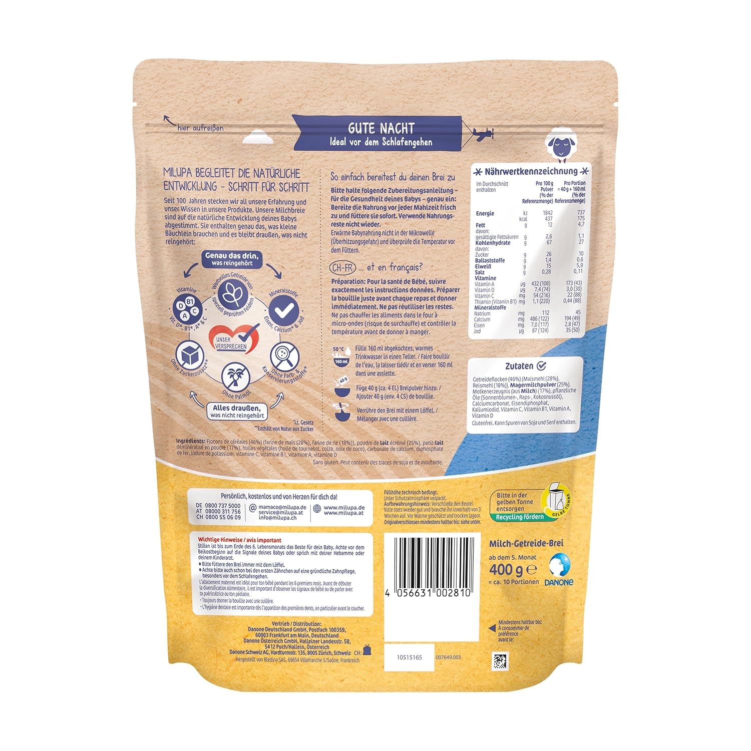 Tejkása Milupa Gentle Start - Gabonafélék babáknak glutén nélkül, pálmaolaj nélkül - Tartósítószer és színezék nélkül - 5 hónapos kortól - 4 x 400 g