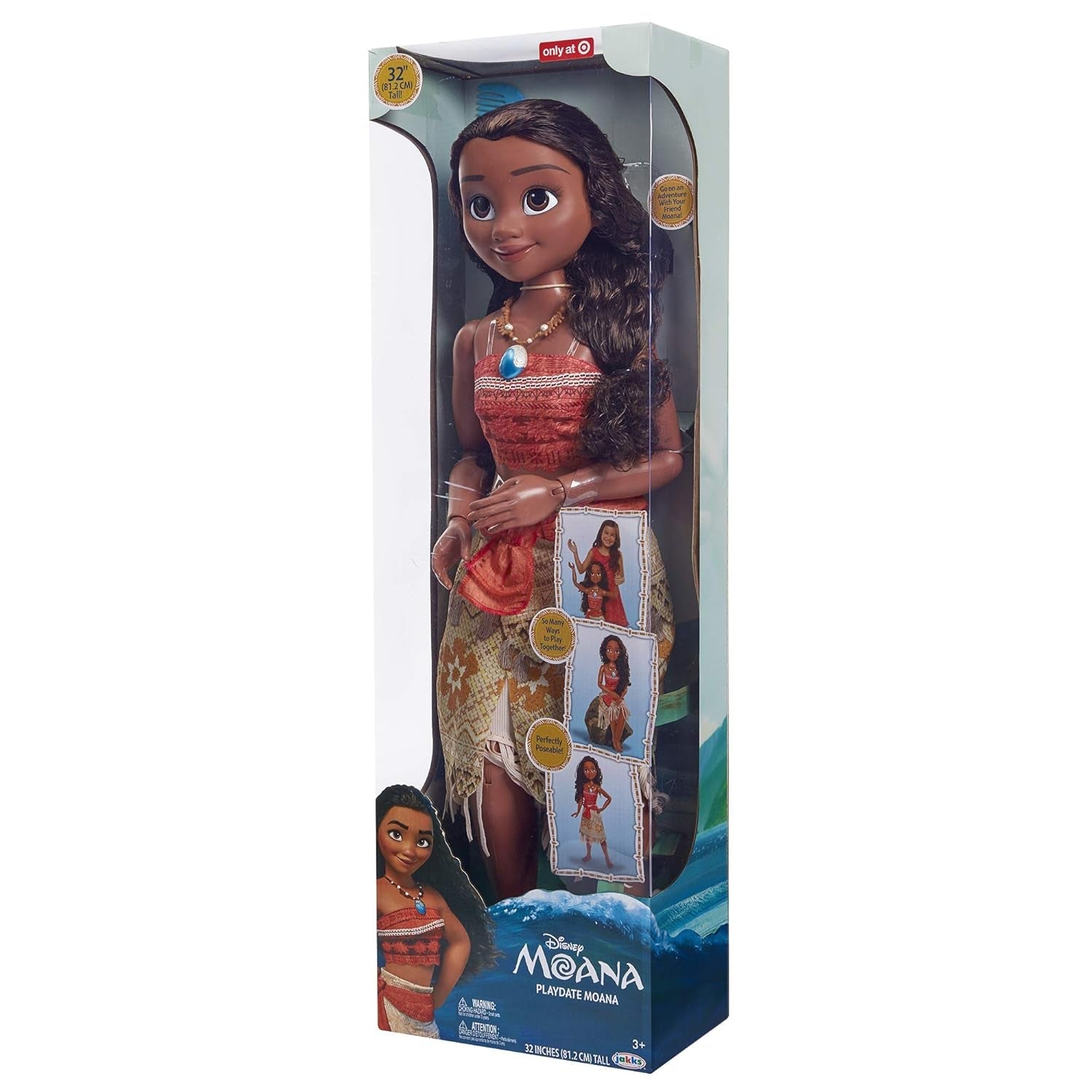 Disney Princess Moana 80 cm Play Doll by Jakks Pacific Mozgatható baba kefével, hogy fésülje hullámos fürtjeit Film ihlette ruha Levehető medál nyaklánc babák Naty Shop