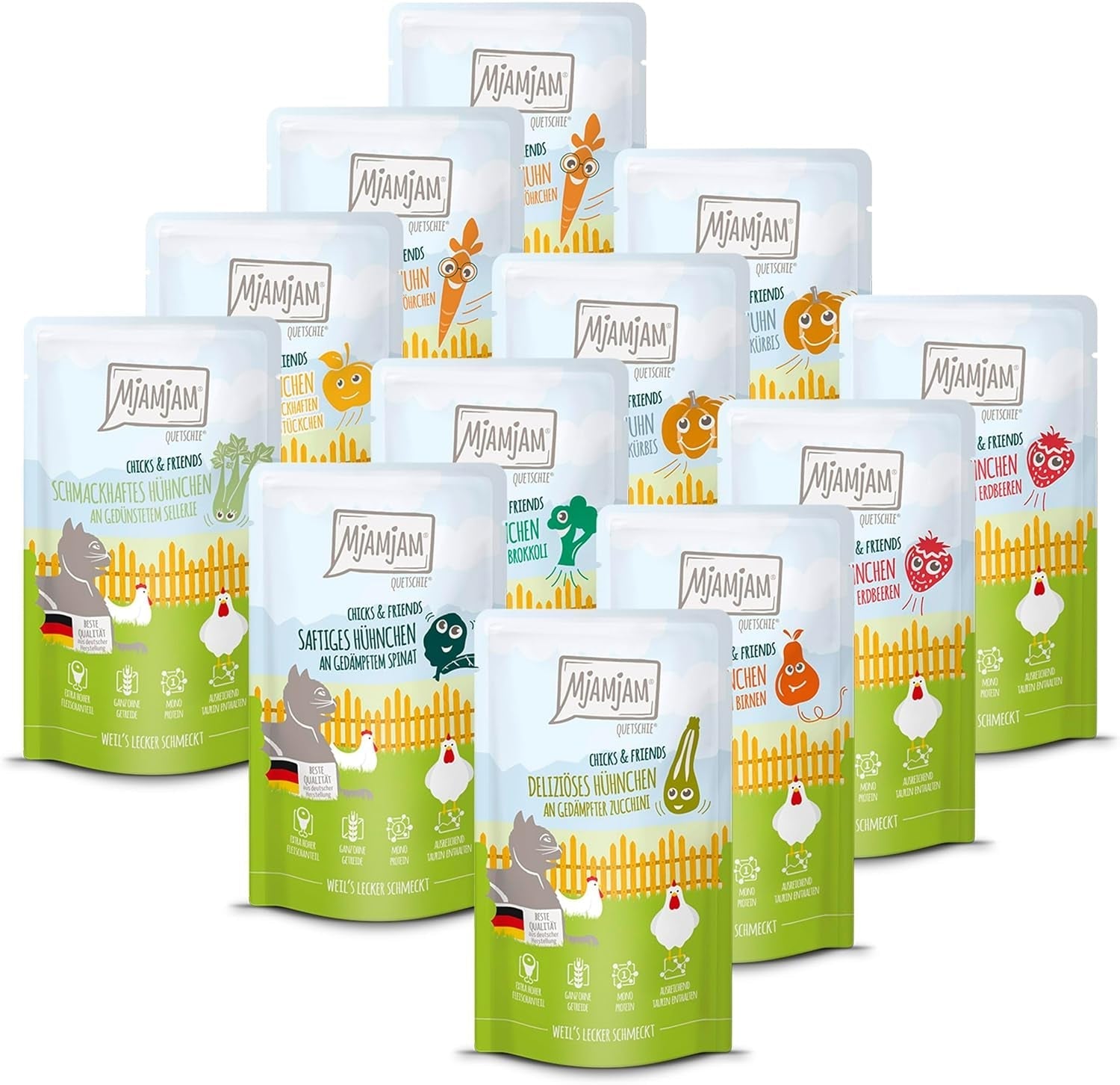 Mjamjam - Hrană umedă premium pentru pisici - Chicks & Friends Box, 9 pachete (9 X 300G), fără cereale și cu carne suplimentară