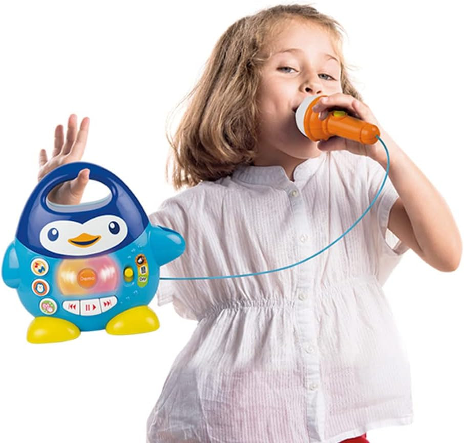 WinFun karaoke music player, design pinguin, cu lumini intermitente și efecte de ecou, în albastru, stil jucăuș, conexiune USB Jucarii Bebe Naty Shop