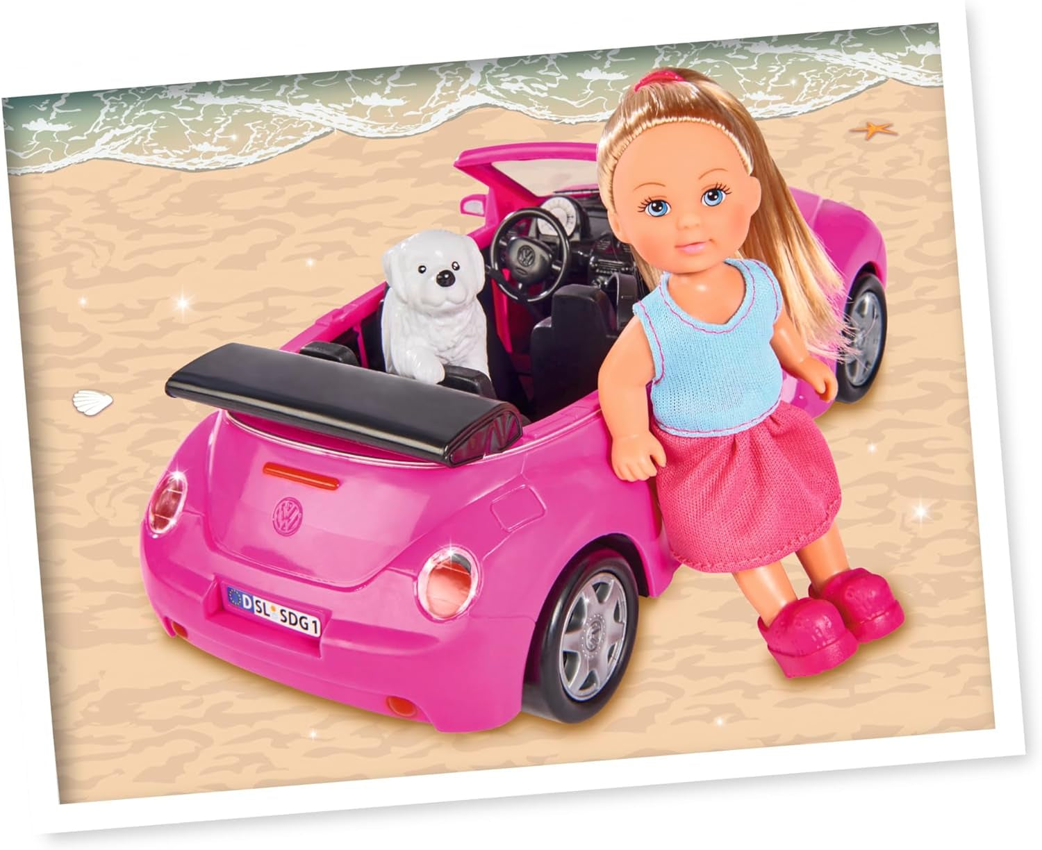 Simba 105731539 - Evi Love Beetle-ul lui Evi, Evi cu mașină, mașină: 22 cm, cu câine, păpușă de modă, 12 cm, pentru copii cu vârsta de la 3 ani în sus