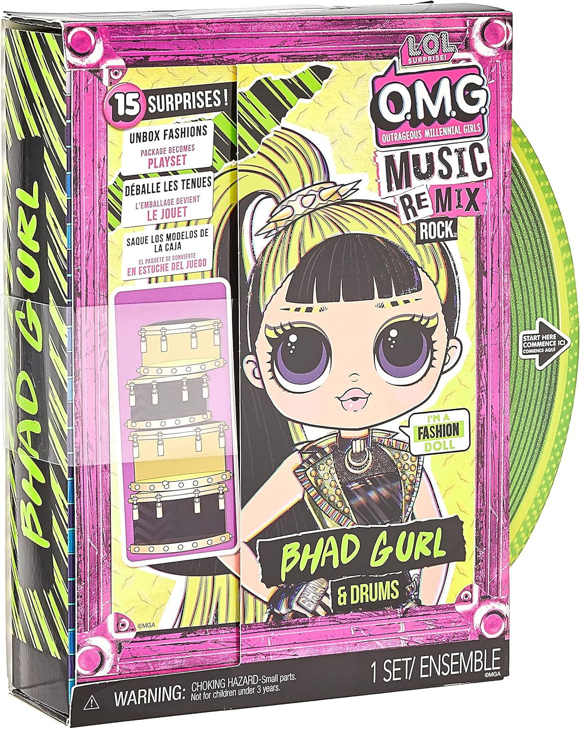 L.O.L. Meglepetés! OMG Remix Rock BHAD GIRL Modepuppe mit 15 Überraschungen - mit Schlagzeug, Outfit, Schuhen, Bürste, Puppenständer, Songtext-Magazin & Plattenspieler-Paket - Für Mädchen ab 4+ Jahren