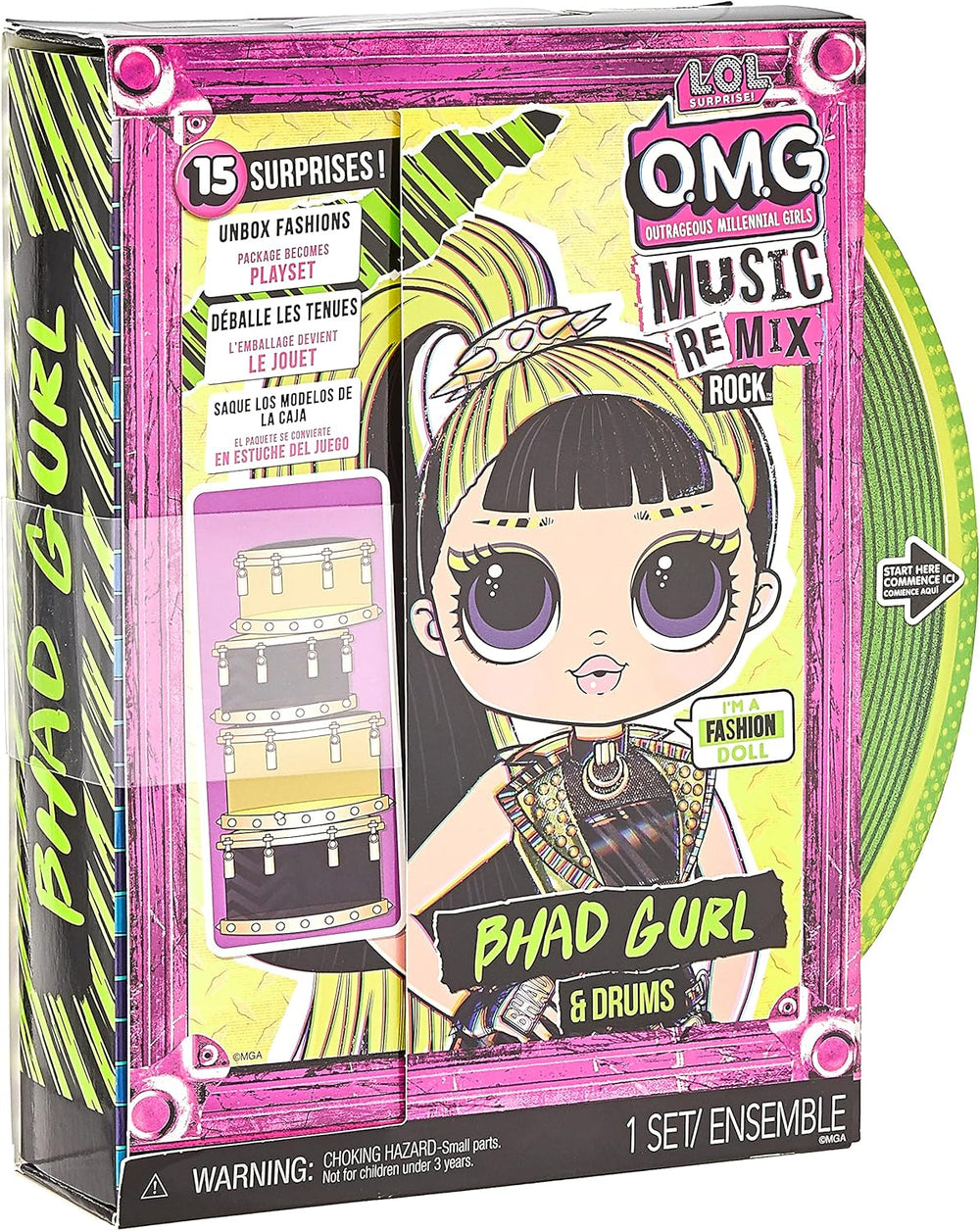 L.O.L. Meglepetés! OMG Remix Rock BHAD GIRL Modepuppe mit 15 Überraschungen - mit Schlagzeug, Outfit, Schuhen, Bürste, Puppenständer, Songtext-Magazin & Plattenspieler-Paket - Für Mädchen ab 4+ Jahren