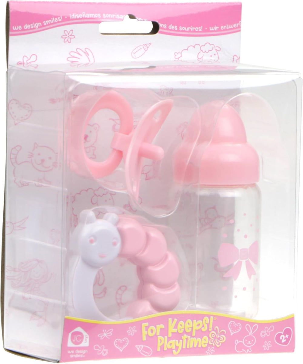 JC Toys- Set de 3 accesorios para muñecas (biberón, chupete y sonajero), rosa y Blanco, se adapta a todas las muñecas de Hasta 50 cm, +2 años