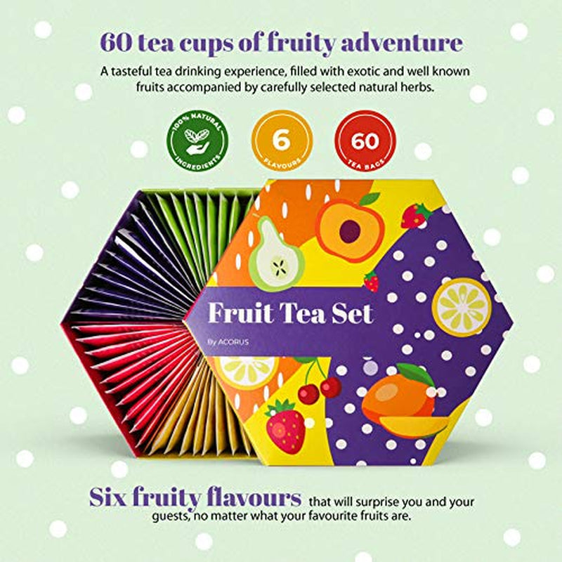 ACORUS | Set de ceaiuri de lux cu fructe | Set cadou cu ceaiuri naturale în 6 arome | Ceaiuri din plante, ceaiuri din fructe | Sortiment de ceaiuri | Cutie de ceai cu 60 de pliculețe