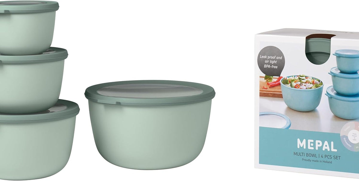 Mepal - Multi bowl Cirqula Round 4-piece set - Borcane de depozitare cu capac - Potrivit ca cutie de depozitare, frigider, congelator și cuptor cu microunde - 500, 1000, 2000, & 3000 ml - Nordic sage Cutii depozitare alimente Naty Shop Titlu implicit