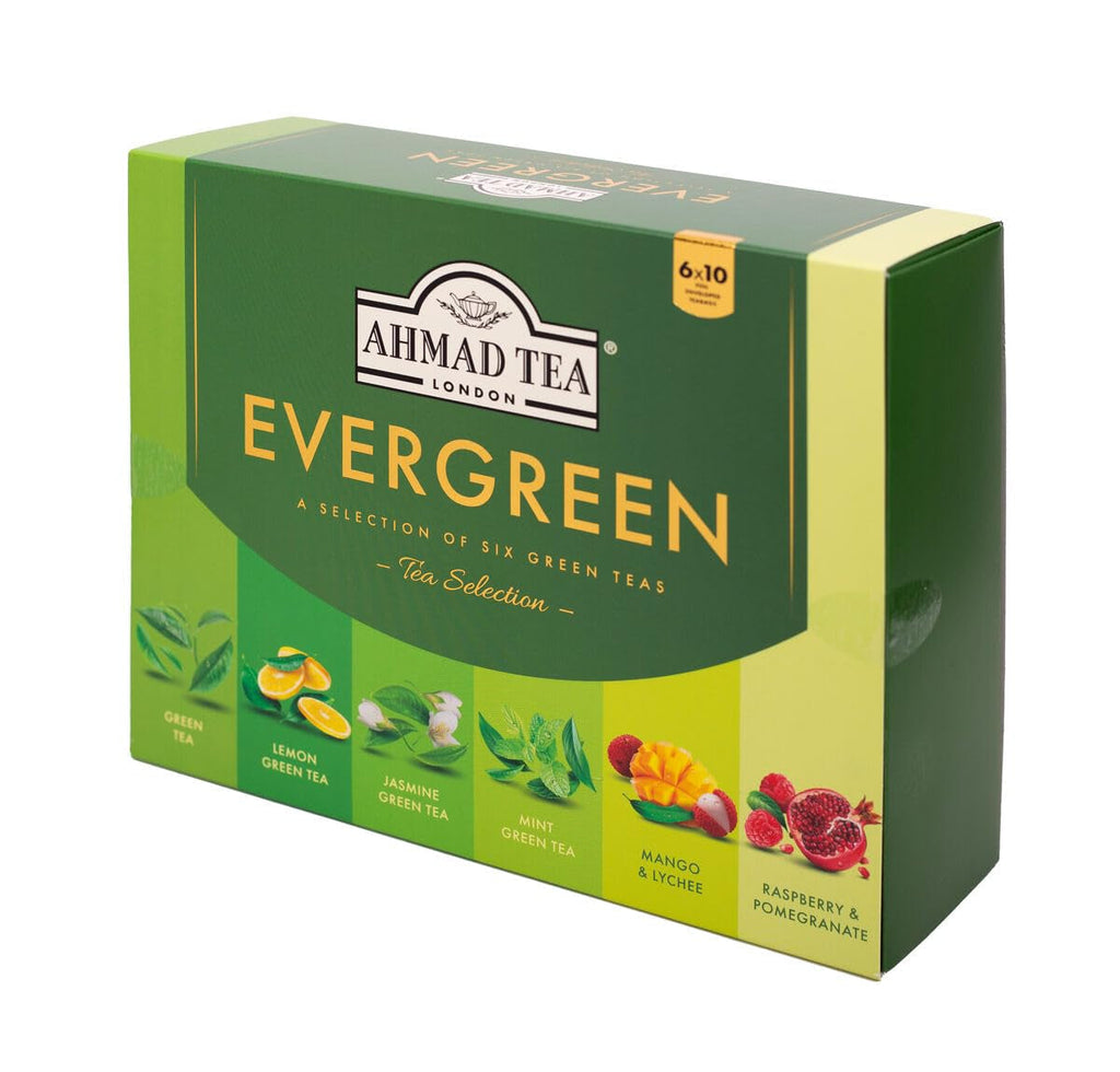 Ahmad Tea Evergreen – Sortiment de 6 ceaiuri verzi – mentă, lămâie, mango-lychee, zmeură-rodie, iasomie și ceai verde – 60 pliculețe de ceai ambalate individual, cu aromă sigilată