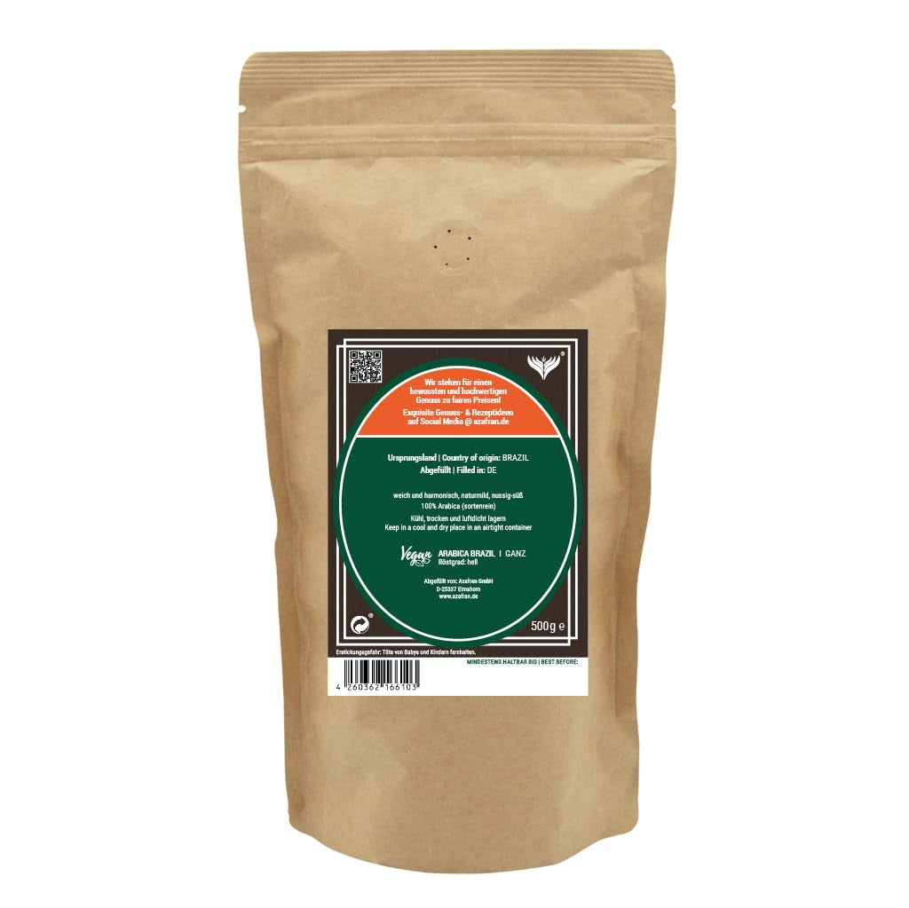 Azafran Kaffeebohnen ganz 100% Arabica aus Brasilien helle Premium Röstung mild 500g