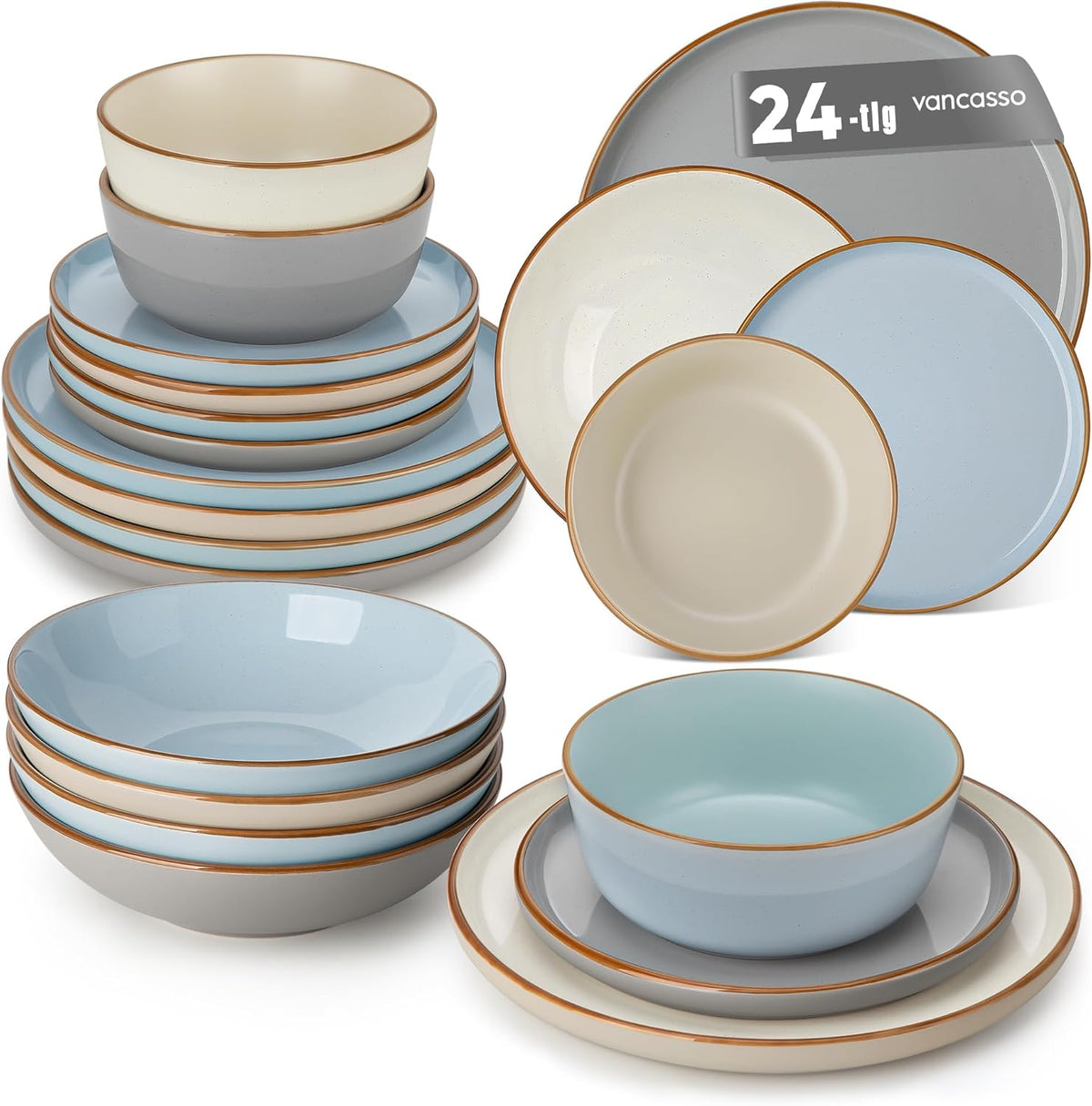 Geschirrset 6 Personen, vancasso RENO 24-tlg Steingut Teller Set Mix, Tafelservice mit je 6 Speiseteller, Dessertteller, Suppenteller, Müslischalen, Spülmaschinenfest & Mikrowellengeeignet, Mehrfarbig