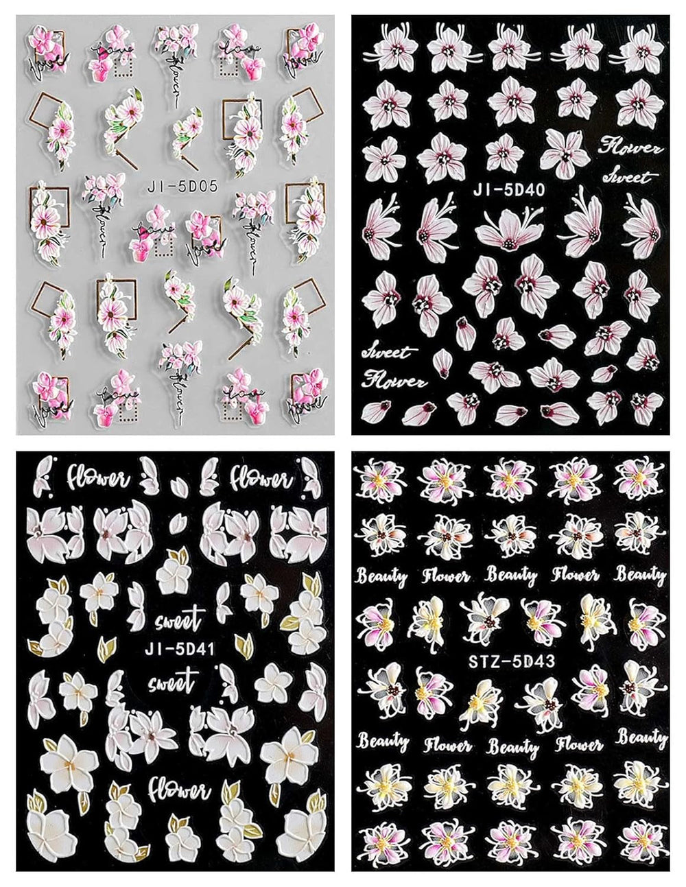 JMEOWIO 3D Nagelsticker Frühling Blume Nail Art Sticker Selbstklebend Nagelaufkleber 5D Stereoskopisch Buntes Sommer Blumen Dekoration Nageldesign Zubehör 4 Blatt